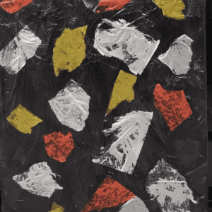A painting with red, yellow, and black pieces of paper.