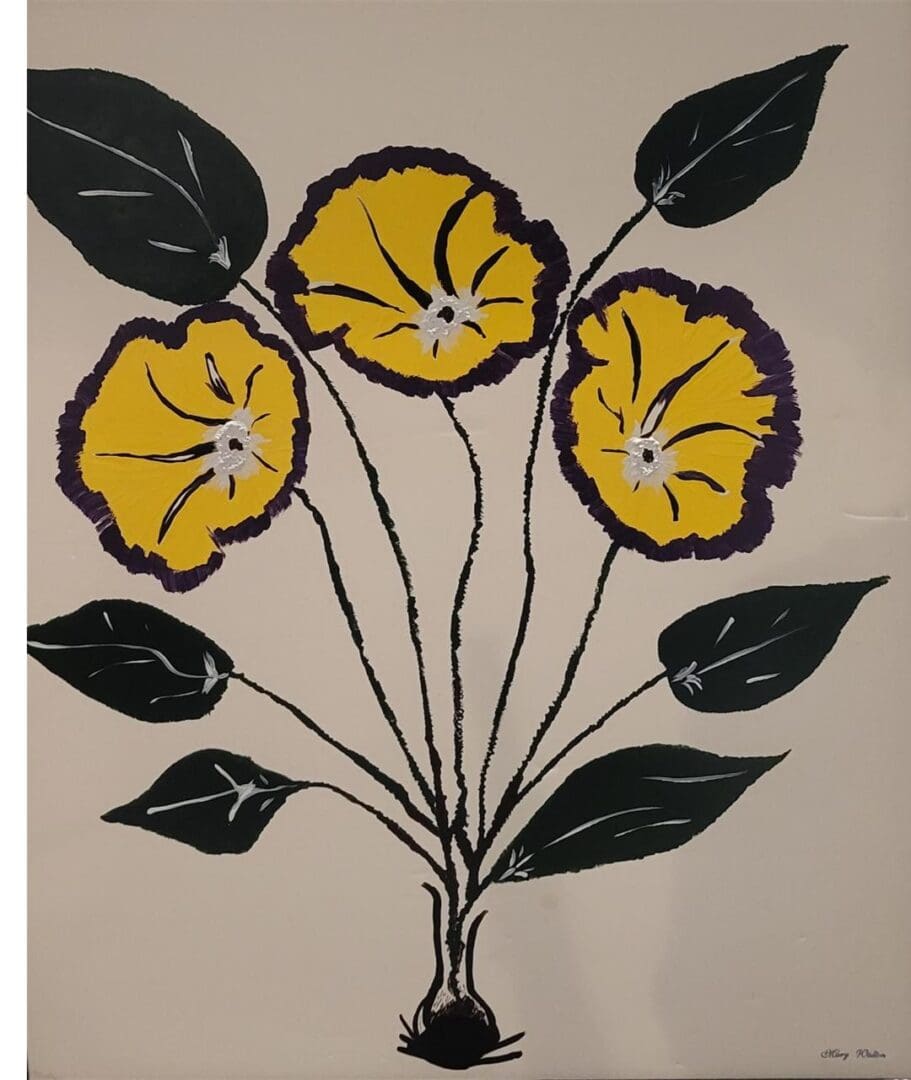 Three yellow flowers with purple centers and black stems and leaves.