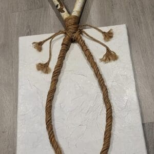 A noose made of rope hangs from two birch branches.